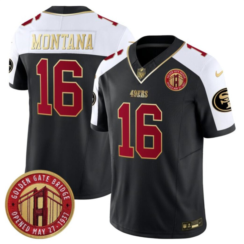 Men's San Francisco 49ers #16 Joe Montana Balck/White F.U.S.E. Golden Gate Bridge Patch Alternate Vapor Limited Stitched Football Jersey Men's San Francisco 49ers #16 Joe Montana Balck/White F.U.S.E. Golden Gate Bridge Patch Alternate Vapor Limited Stitched Football Jersey